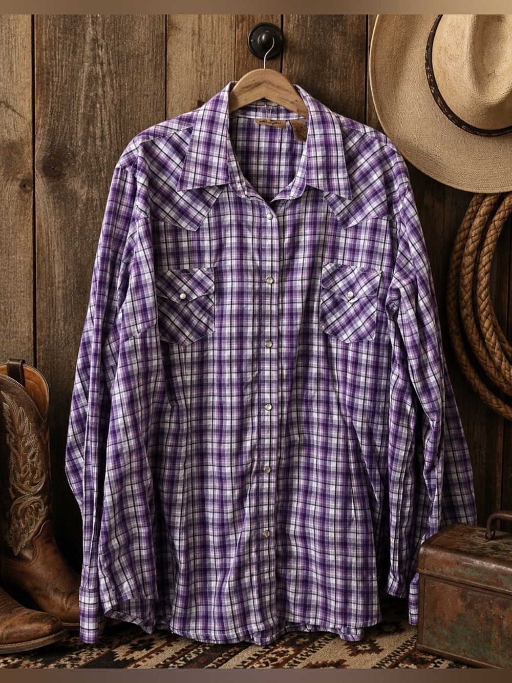 Women’s Wrangler Button Down Pearl Snap Purple and White Plaid Shirt/3XL